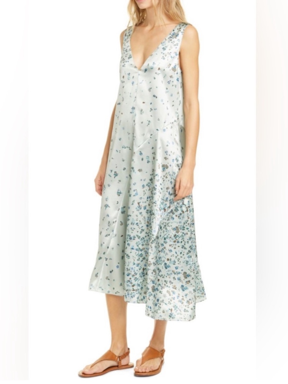 Vince Satin Floral Asymmetrical Shift Dress Scattered Floral Feminine Summer L